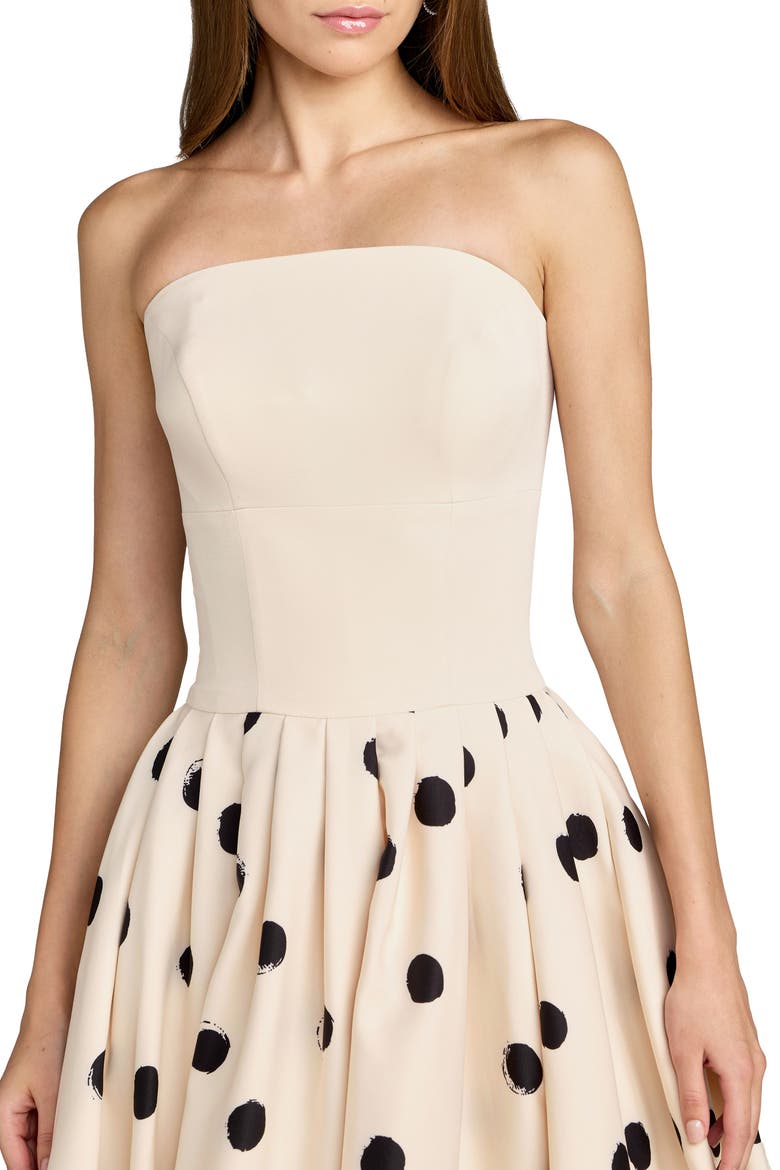 Women's Strapless Polka Dot Crepe Bubble Skirt Midi Dress, Alternate, color, Ecru Multi