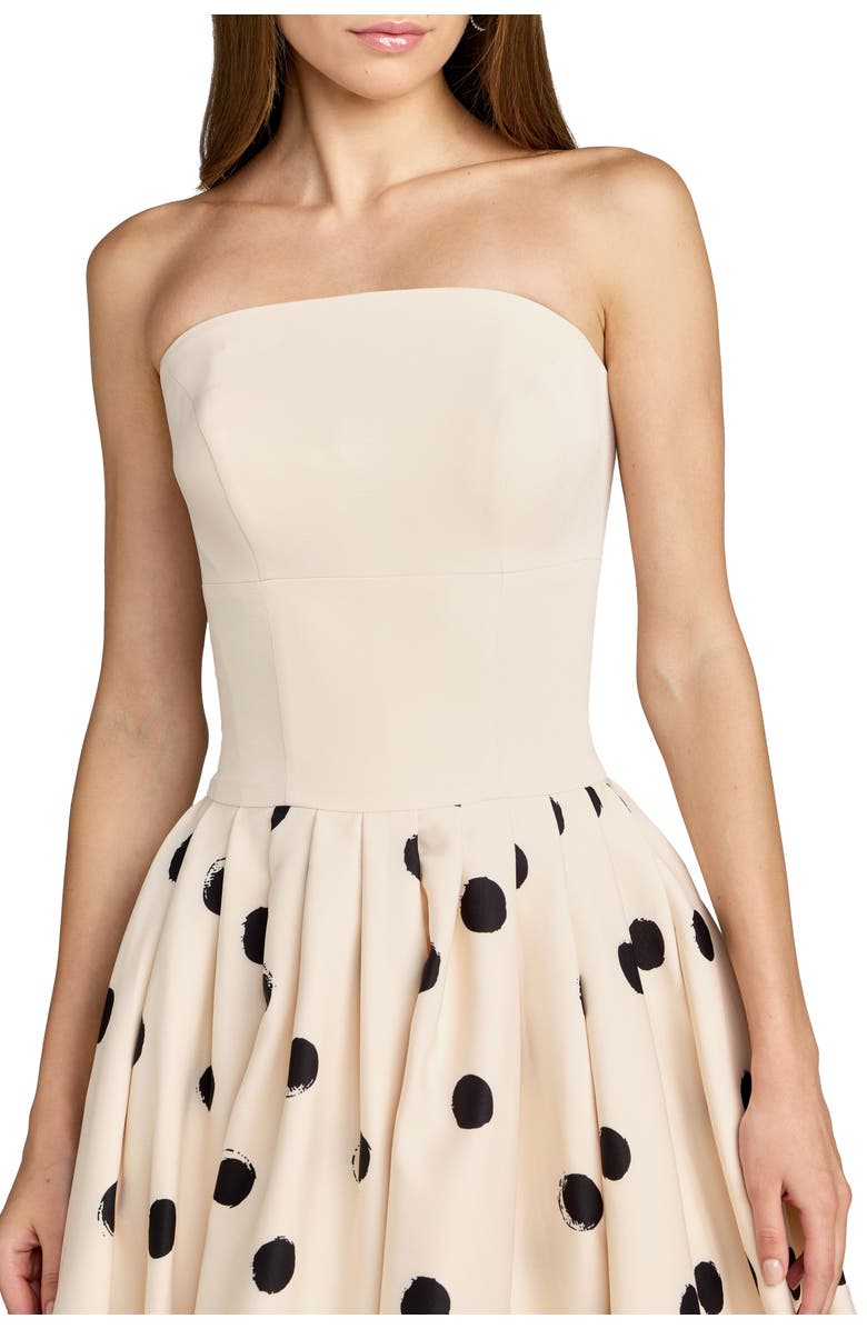 Mac Duggal Women's Strapless Polka Dot Crepe Bubble Skirt Midi Dress, Alternate, color, Ecru Multi