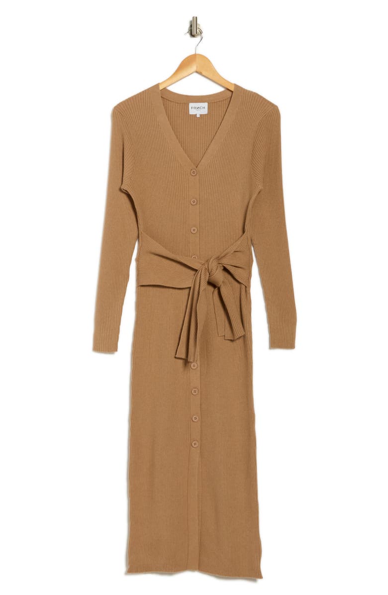 FRNCH Margaux Waist Tie Long Sleeve Rib Sweater Dress, Alternate, color, Camel