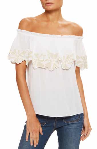 Ramy Brook Terri Embroidered Floral Ruffle Off the Shoulder Top
