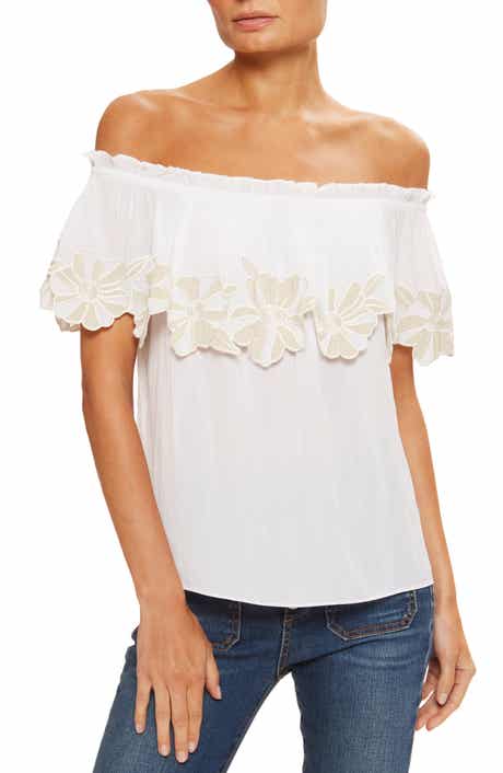 Ramy Brook Terri Embroidered Floral Ruffle Off the Shoulder Top