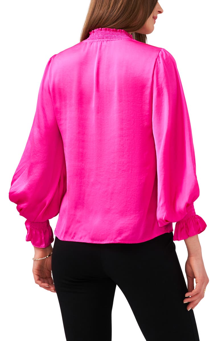 Chaus Tie Neck Smocked Satin Blouse, Alternate, color, Arresting Orchid