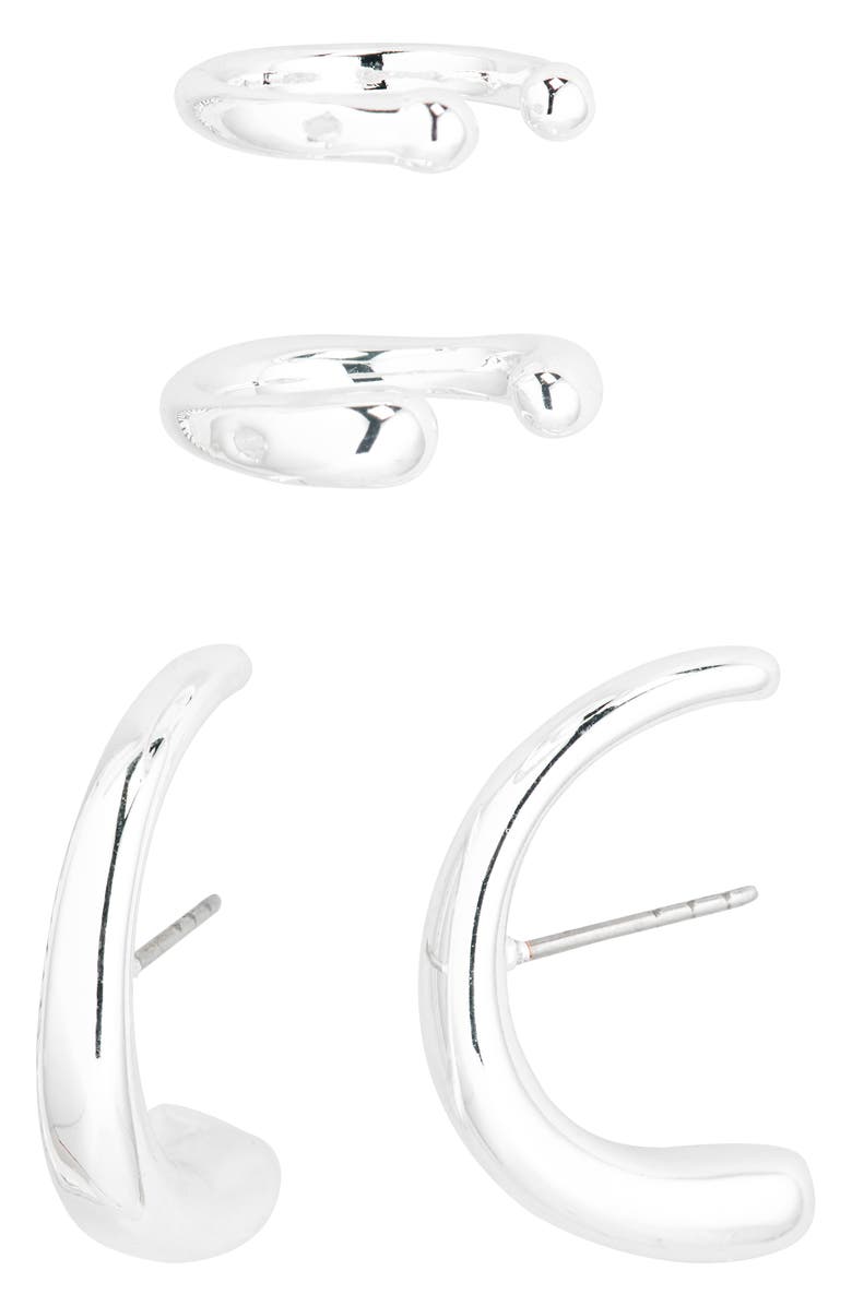Open Edit Curved Stud Earring & Ear Cuff Set, Main, color, Silver