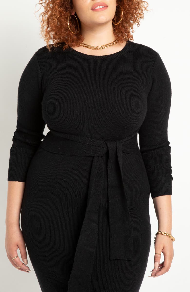 ELOQUII Tie Waist Long Sleeve Midi Sweater Dress, Alternate, color,