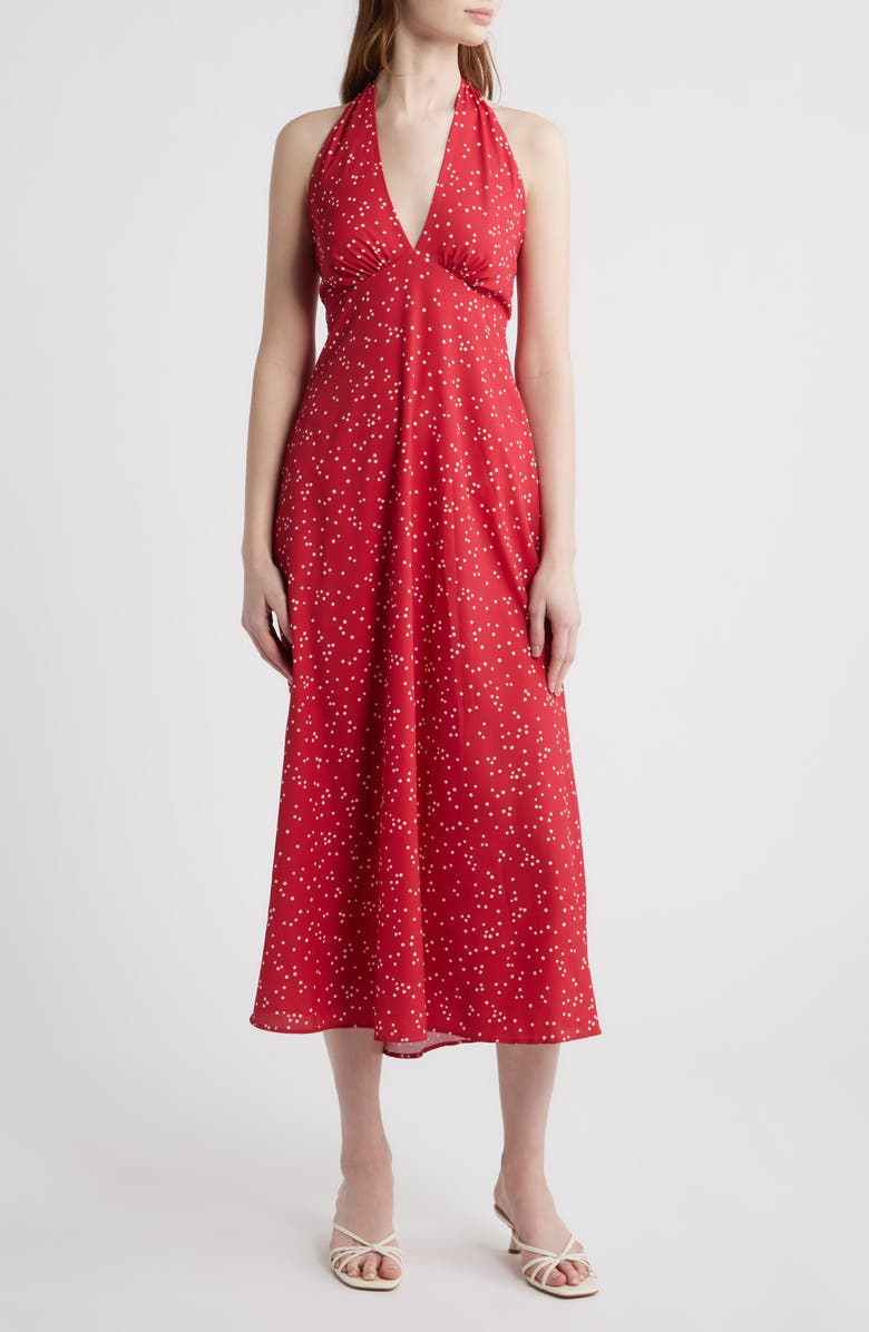 Faithfull the Brand Jennah Dot Print Halter Neck Midi Dress, Main, color, Linnea Dot Rosso