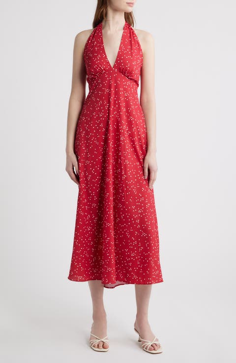 Jennah Dot Print Halter Neck Midi Dress