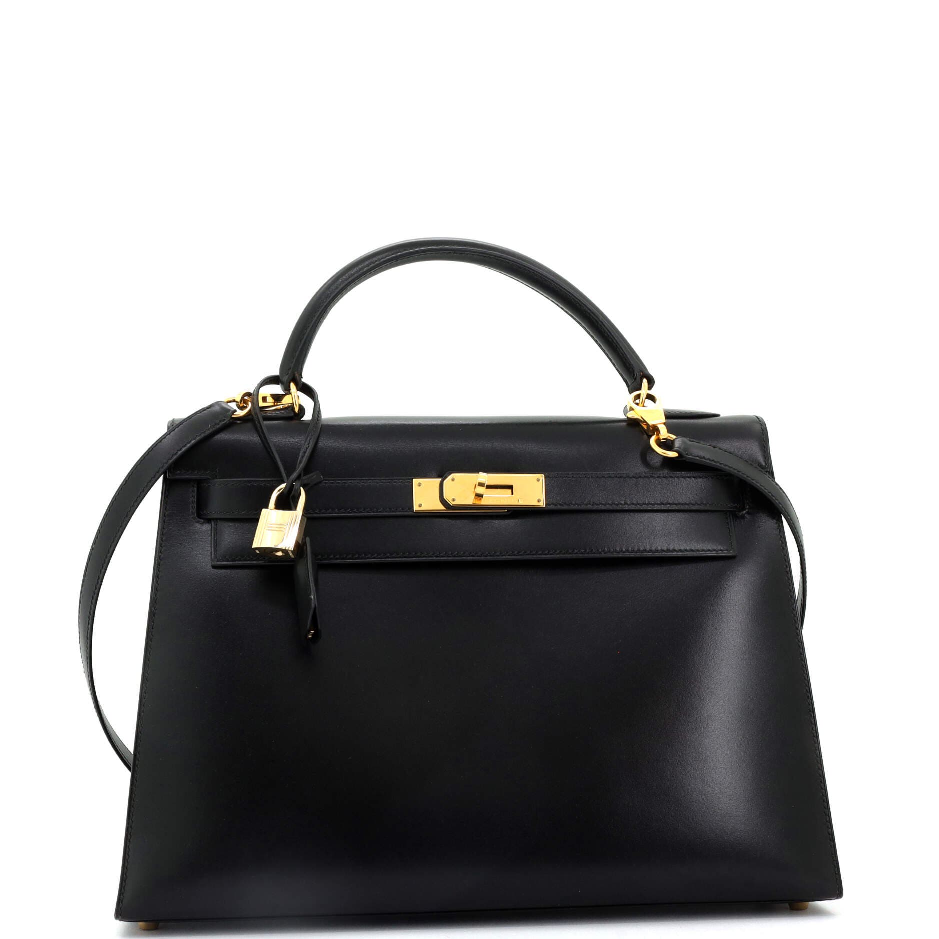 Pre-Owned Hermes Kelly Handbag Black Box Calf with Gold Hardware 32, Alternate, color, 