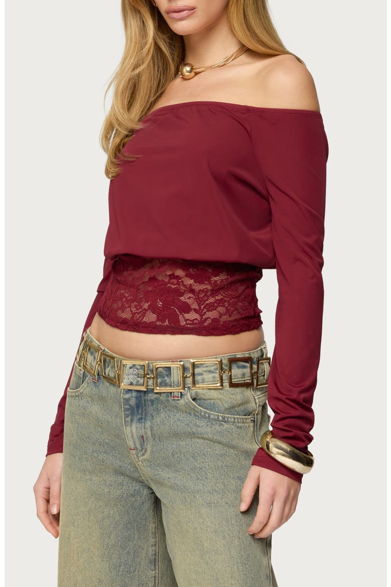 Dorona Off the Shoulder Lace Trim Top, Alternate, color, BURGUNDY