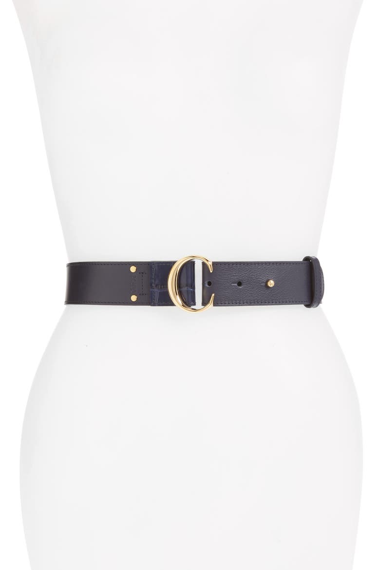 C Buckle Croc Embossed Trim Leather Belt, Main, color, FULL BLUE