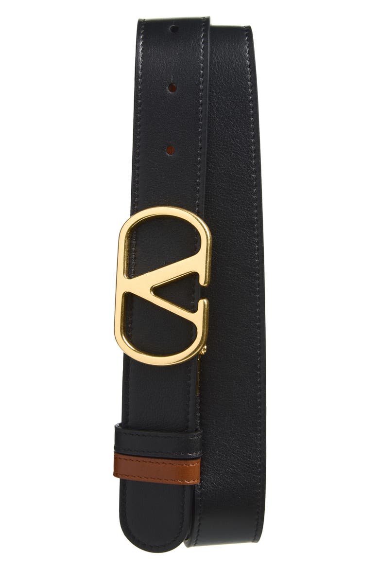 VLOGO Buckle Reversible Leather Belt, Main, color, BLACK/ CAMEL