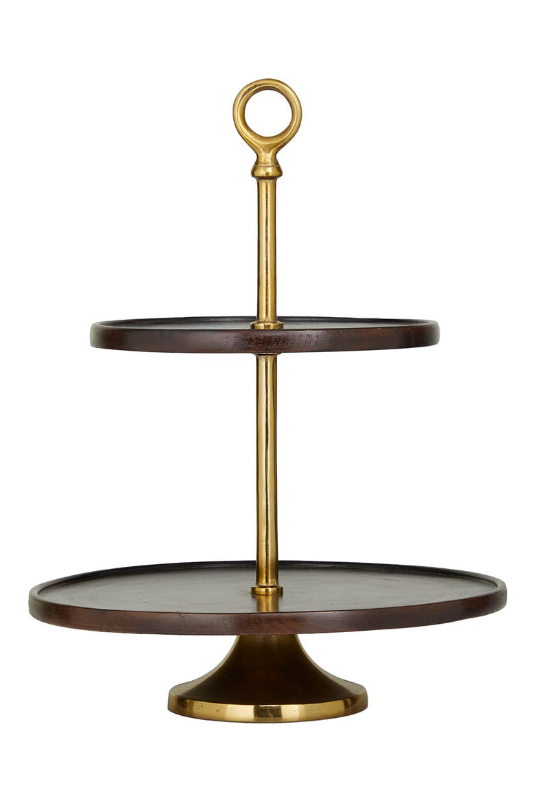 Dark Brown Mango Wood 2-Level Tiered Server with Goldtone Stand, Alternate, color, BROWN