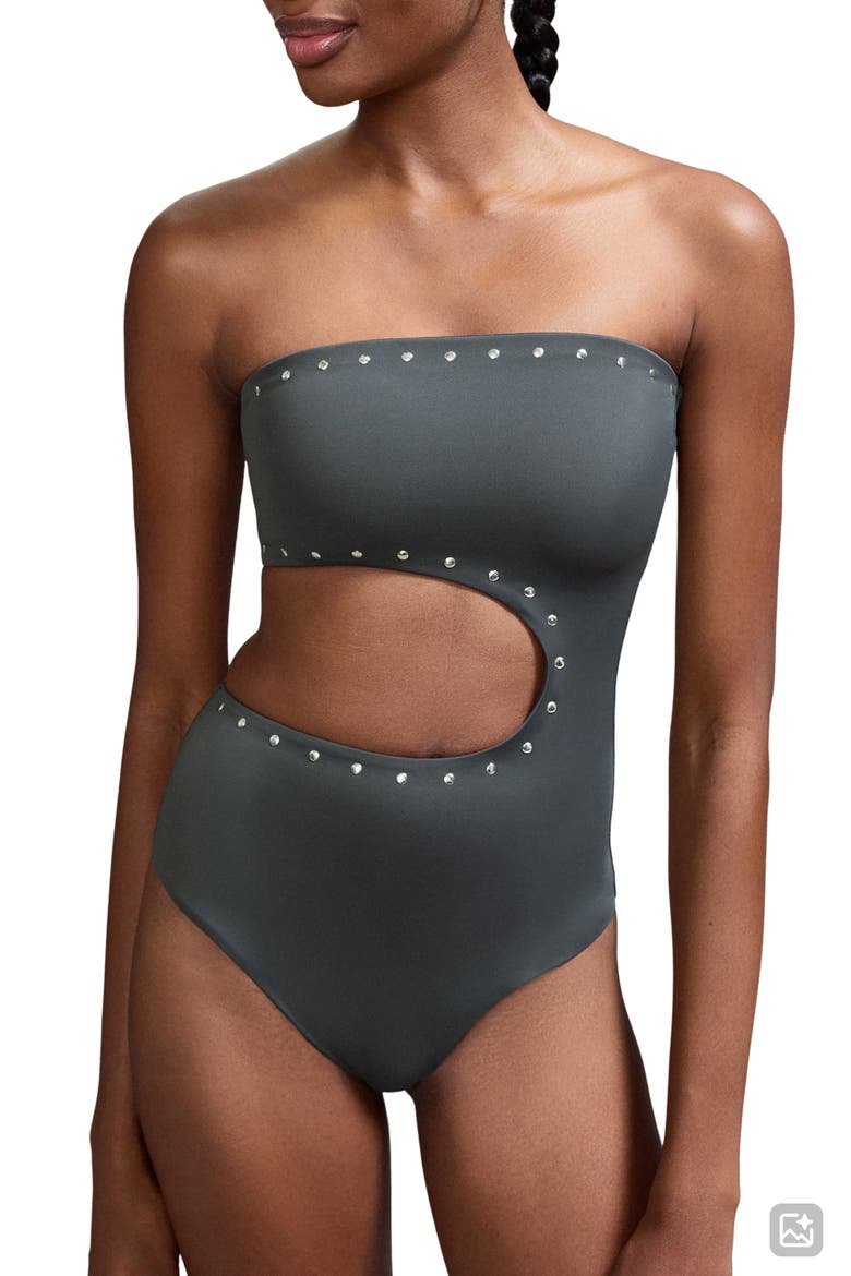 Studded Asymmetrical Cutout One Piece Swimsuit, Main, color, CHARCOAL