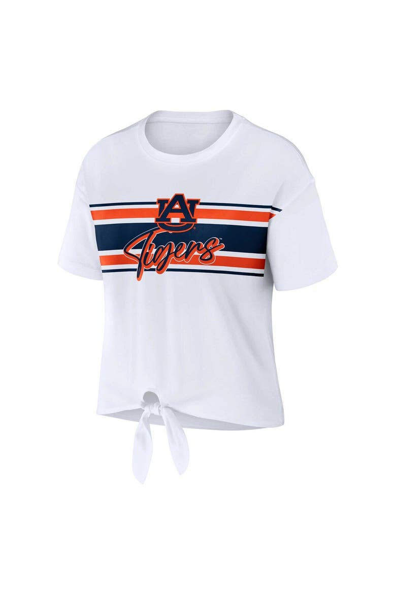 Women's WEAR by Erin Andrews White Auburn Tigers Striped Front Knot Cropped T-Shirt, Alternate, color, White
