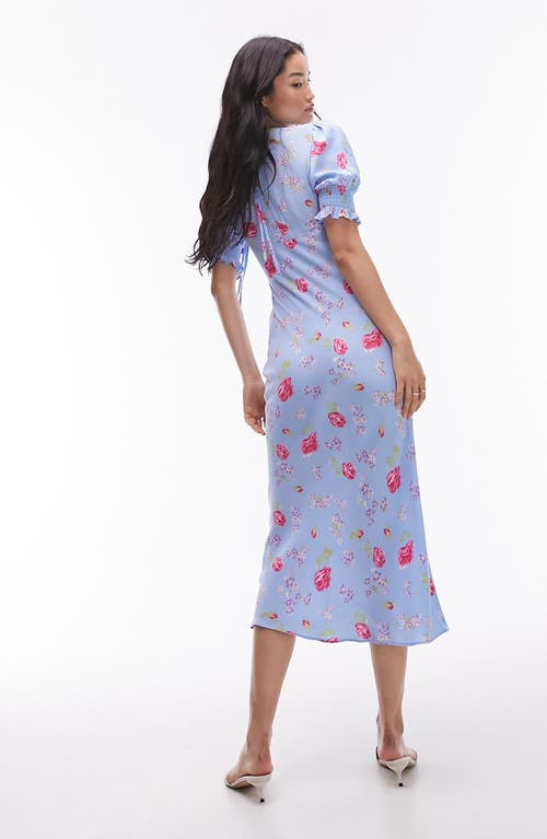 Topshop Floral Puff Sleeve Midi Dress In Blue
