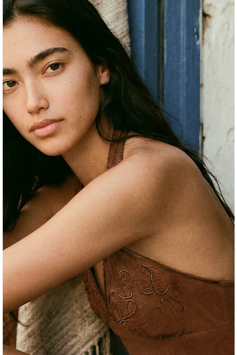 Embroidered Halter Cotton Minidress, Alternate, color, BROWN