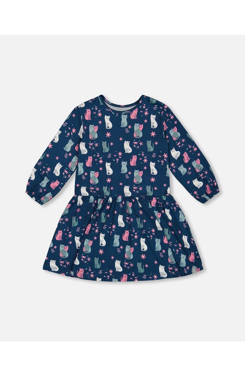 Deux par Deux Girl's Printed Long Sleeve Dress Navy Blue With Kitten, Main, color,