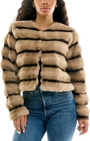 Nina Leonard Long-Sleeve Striped Faux Fur Bolero