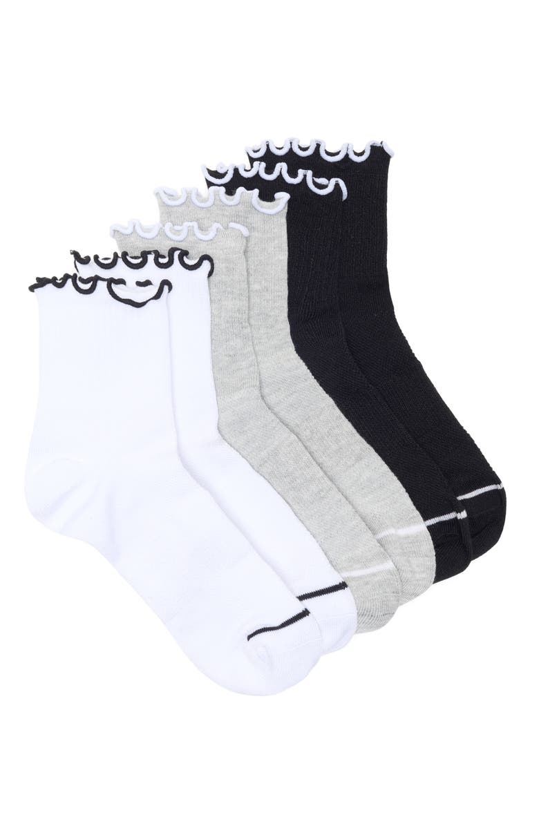 Nordstrom Athleisure Lettuce Edge Assorted 3-Pack Ankle Socks, Main, color, White- Grey- Black
