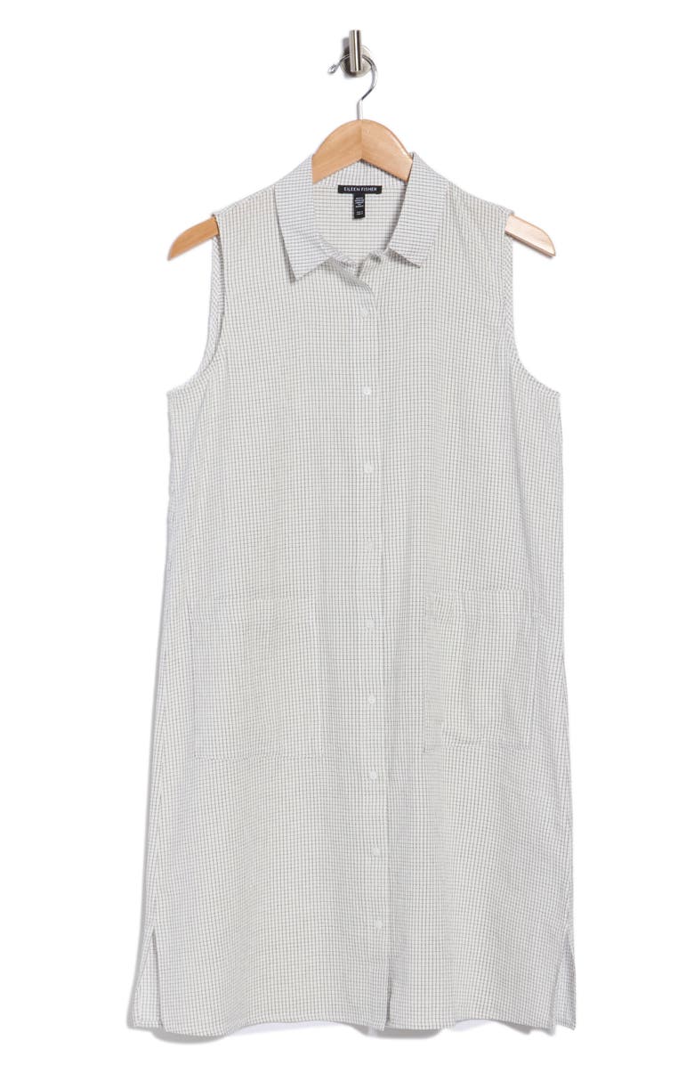 Eileen Fisher Grid Print Sleeveless Organic Cotton Shirtdress, Main, color, White
