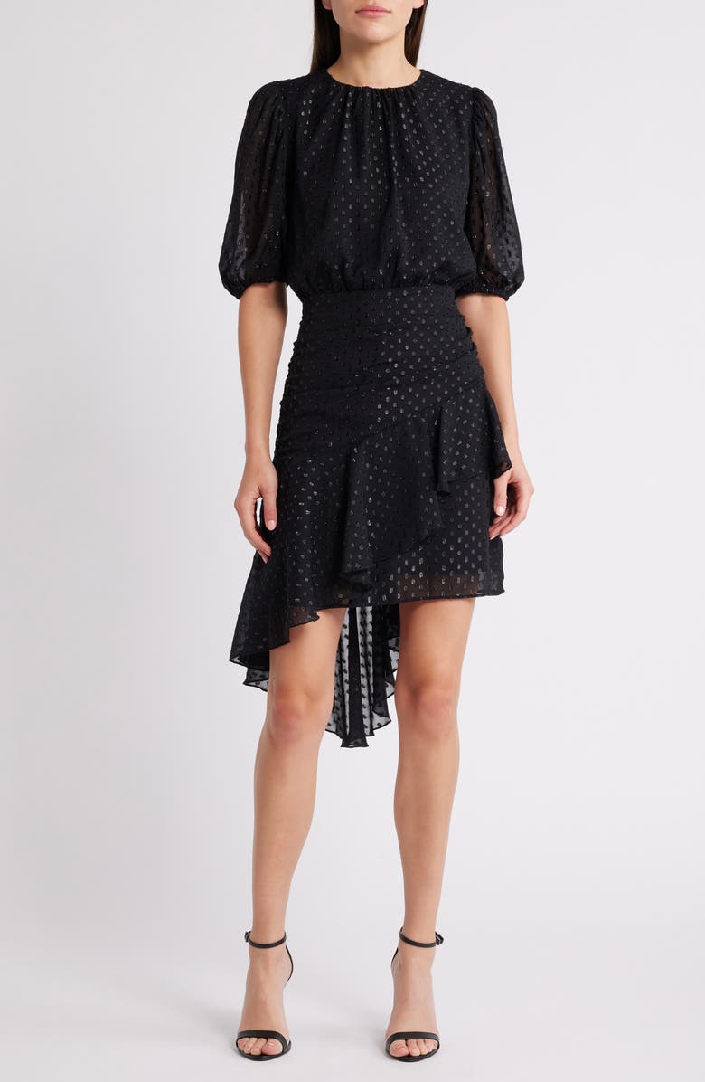 Chelsea28 Metallic Clip Dot Asymmetric Dress, Main, color, Black