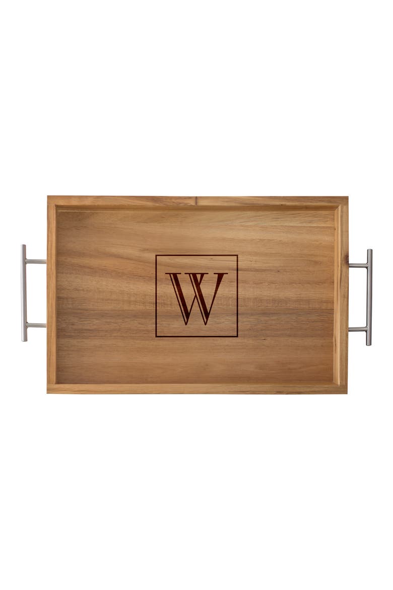 Monogram Acacia Tray with Metal Handles, Alternate, color, P