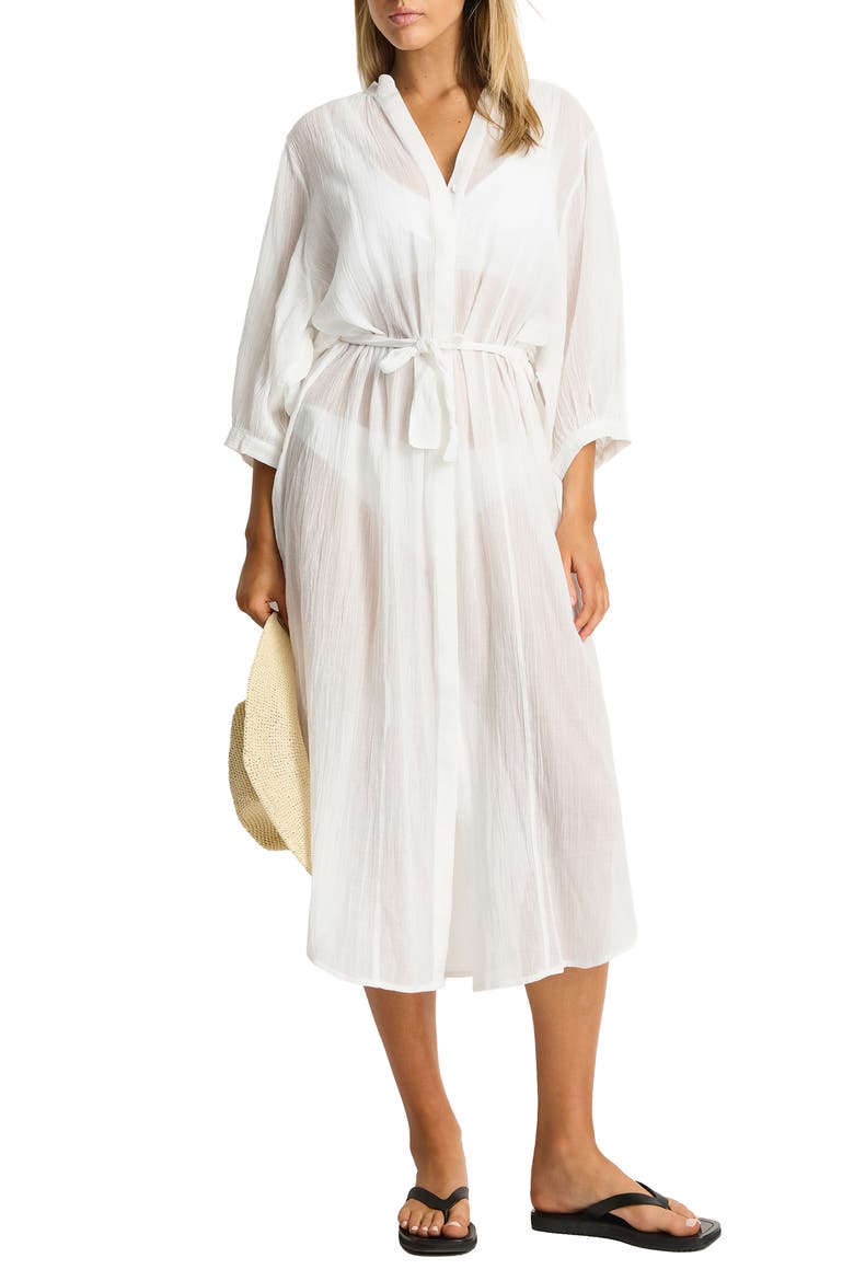 Salt Boho Semisheer Cotton Cover-Up Shirtdress, Main, color, WHITE