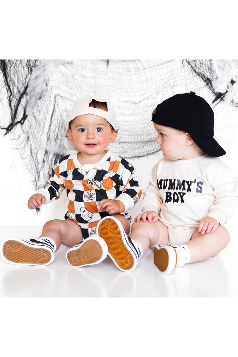 Mummy's Boy Halloween Long Sleeve Romper, Alternate, color, Natural