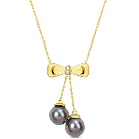 Cultured Pearl & Diamond Bow Necklace 10k