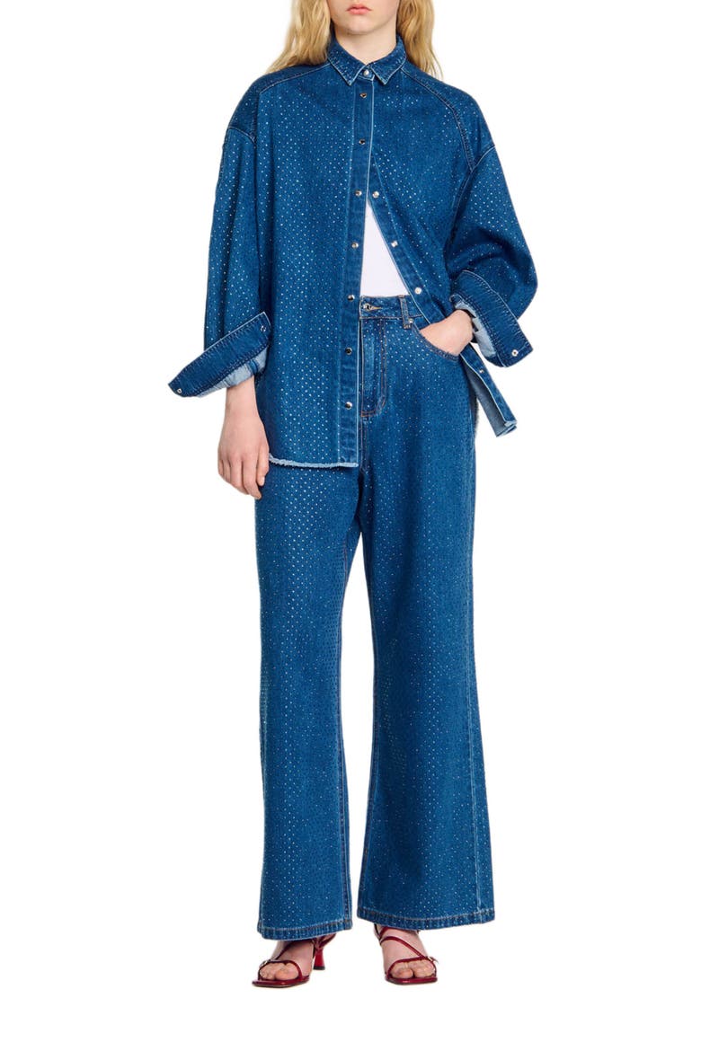 Wide-leg rhinestone jeans, Alternate, color, Blue jean