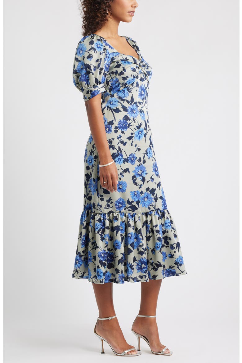 Twist Front Puff Sleeve Satin Midi Dress, Alternate, color, GREY- BLUE DAHLIA FLORAL