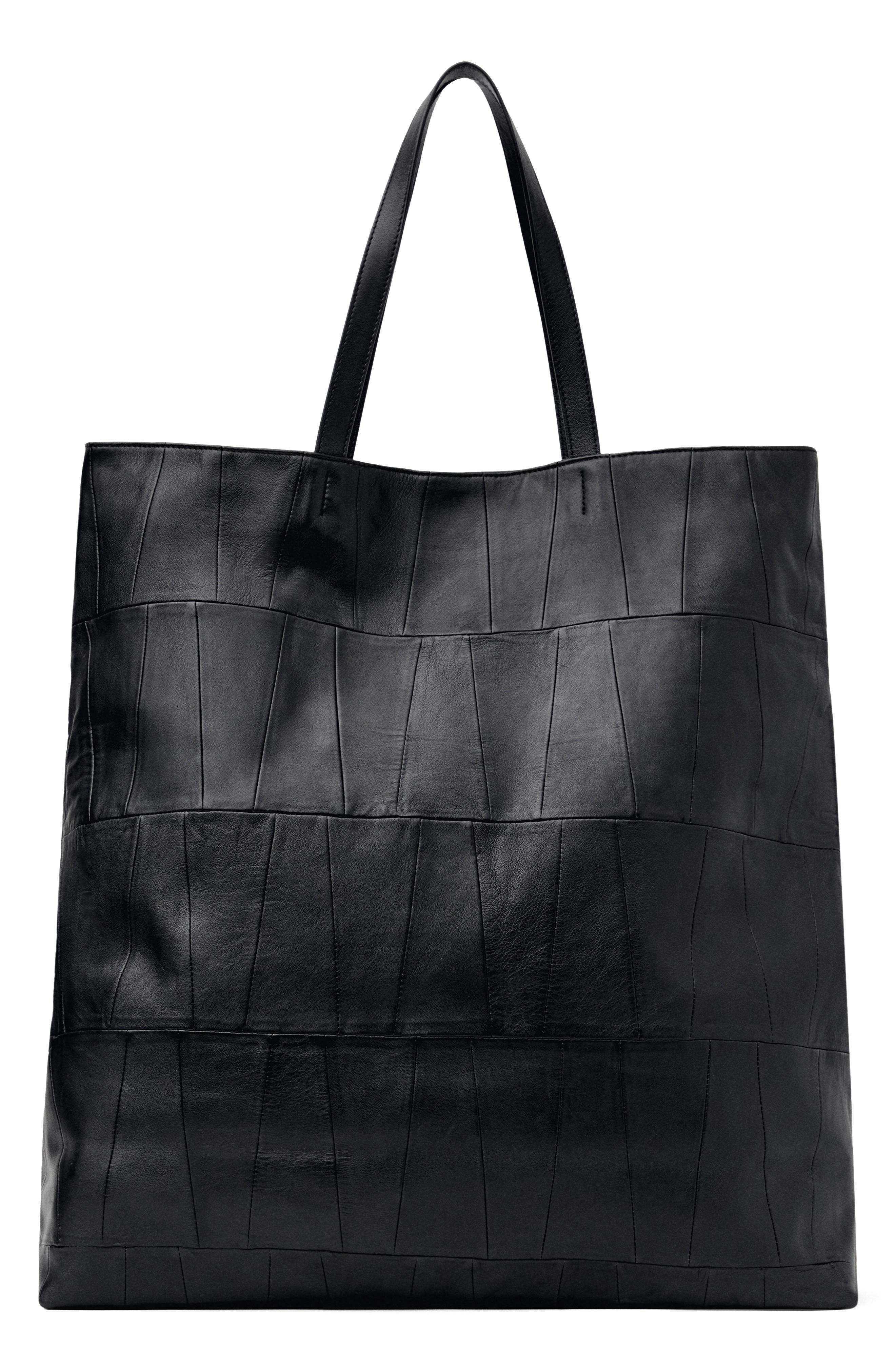 MANGO Patchwork Leather Shopper Bag, Main, color, Black