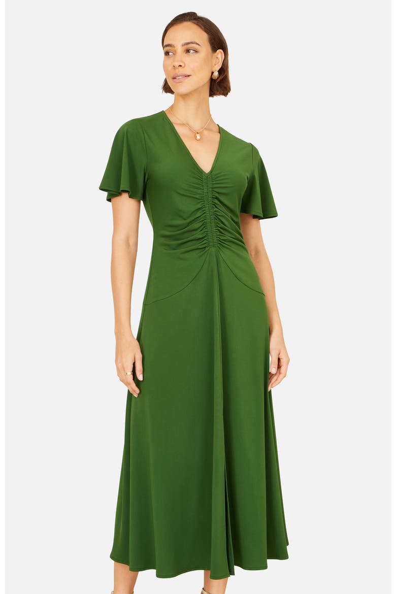 Ruched Front Stretch Midi Dress, Alternate, color, Green