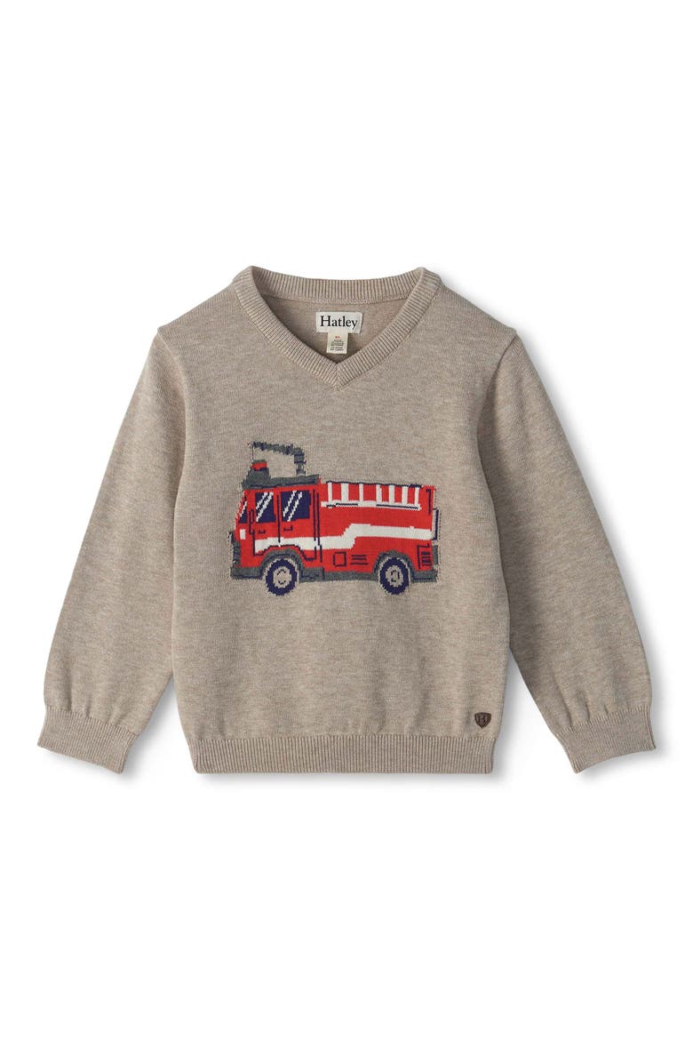 Kids' Firetruck V-Neck Sweater, Main, color, NATURAL