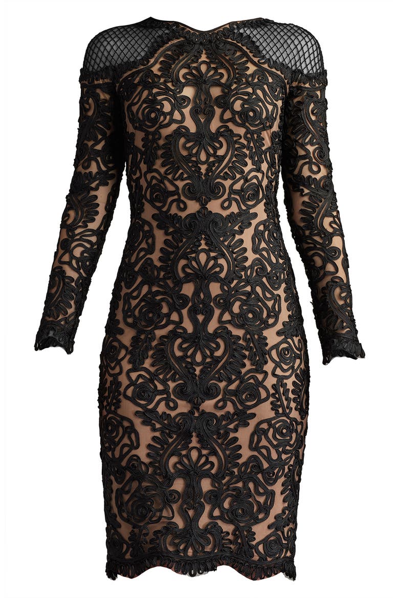 Scroll Lace Long Sleeve Cocktail Dress, Alternate, color, BLACK/ NUDE