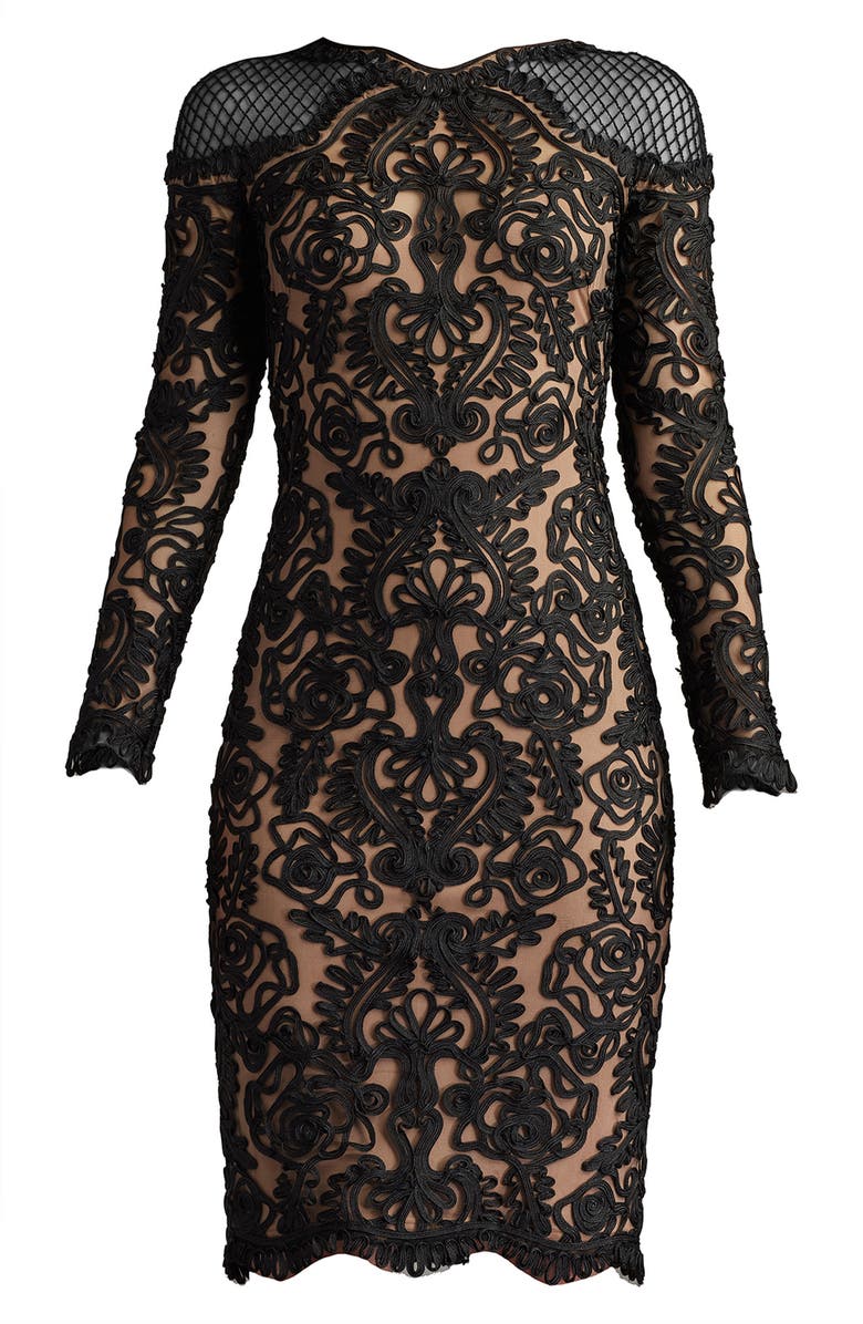 Tadashi Shoji Scroll Lace Long Sleeve Cocktail Dress, Alternate, color, Black/ Nude
