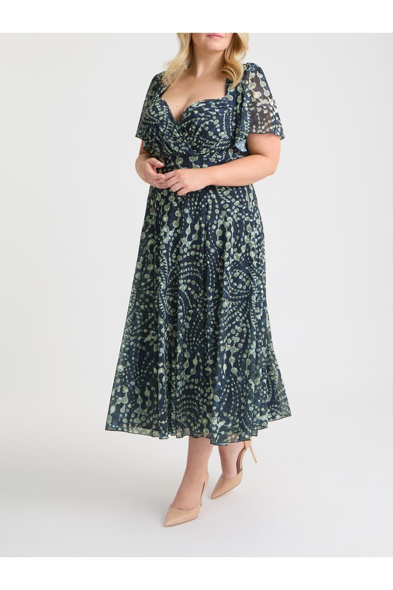 Liz Printed Wrap Bodice Midi Dress, Alternate, color, Navy Cream