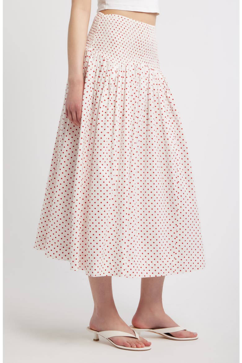 Layla Polka Dot Smocked Midi Skirt, Alternate, color, WHITE
