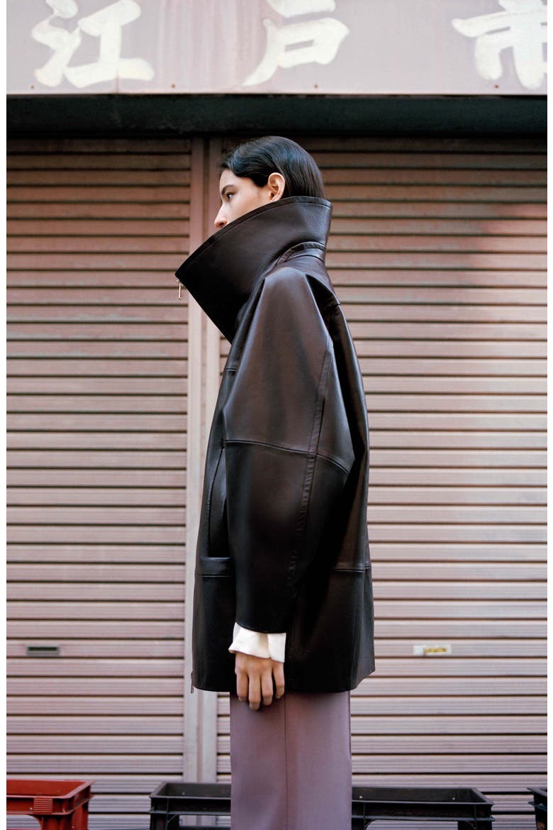 Oversize Funnel Neck Leather Coat, Alternate, color, BURGUNDY