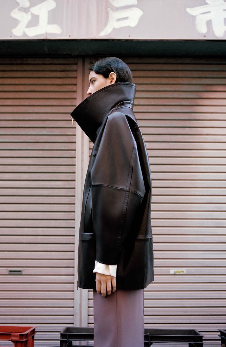 MANGO Oversize Funnel Neck Leather Coat, Alternate, color,