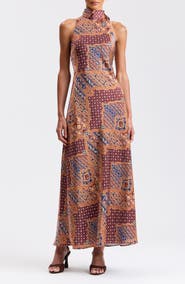 Avec Les Filles Scarf Print Halter Neck Satin Maxi Dress