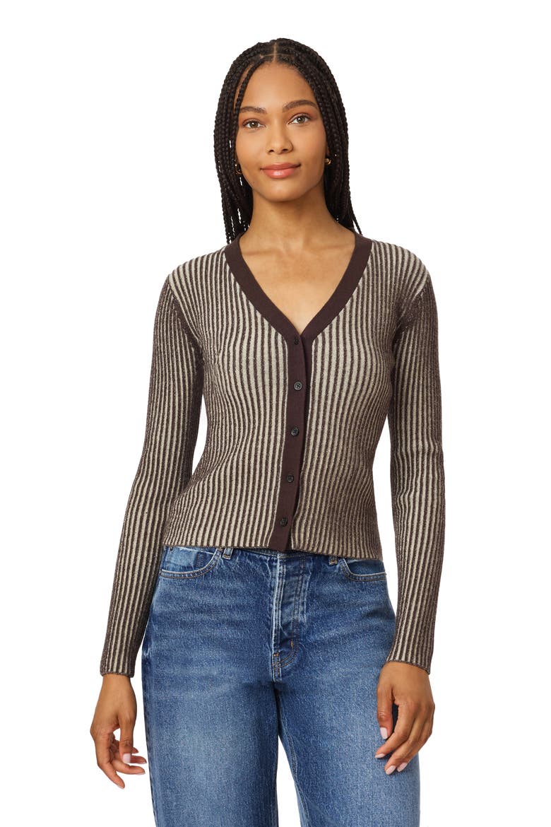 Ribbed V Neck Cardigan, Alternate, color, SEAL BROWN REED YELLOW