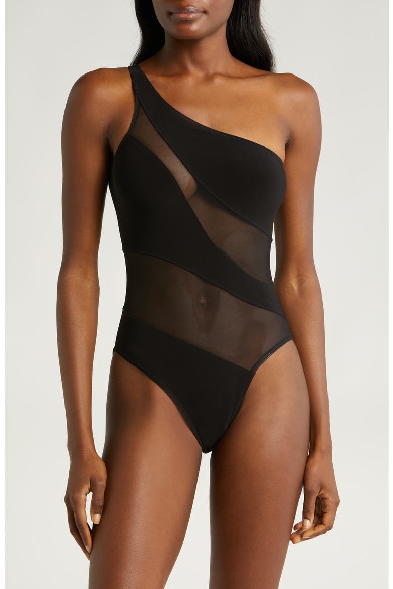 Snake Mesh One-Shoulder Swimsuit, Main, color, BLACK