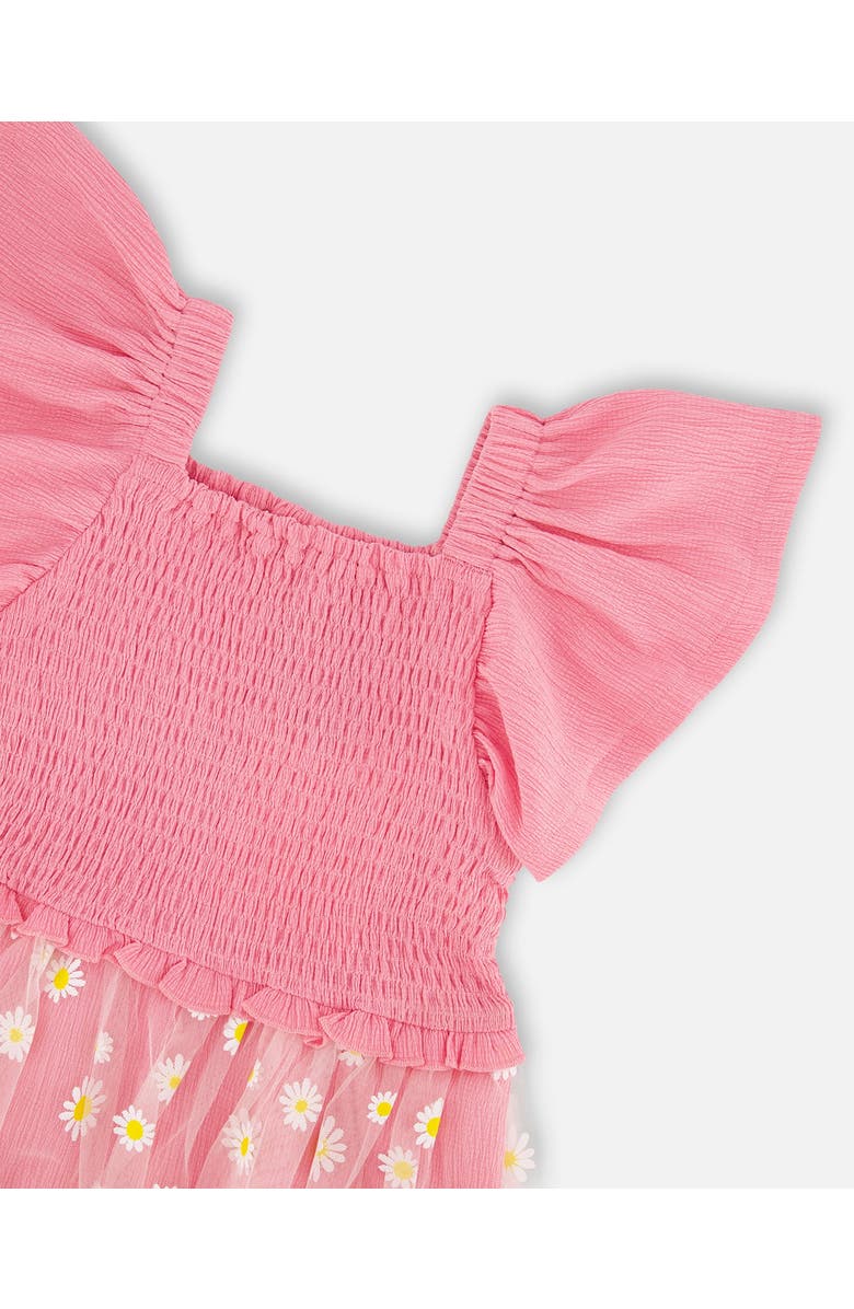 Deux par Deux Mesh and Crinkle Jersey Smocking Dress, Alternate, color, Pink