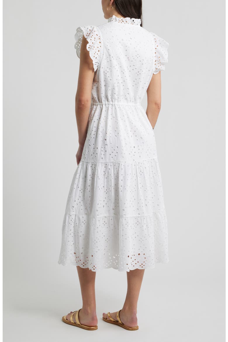 Ruffle Flutter Sleeve Cotton Broderie Anglaise Midi Dress, Alternate, color, WHITE