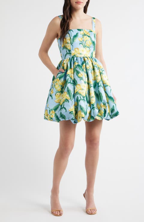 Floral Square Neck Bubble Hem Cocktail Minidress