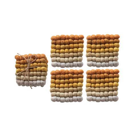 Handmade Wool Felt Ball Coasters, Yellow, Orange and Cream, Set of 4