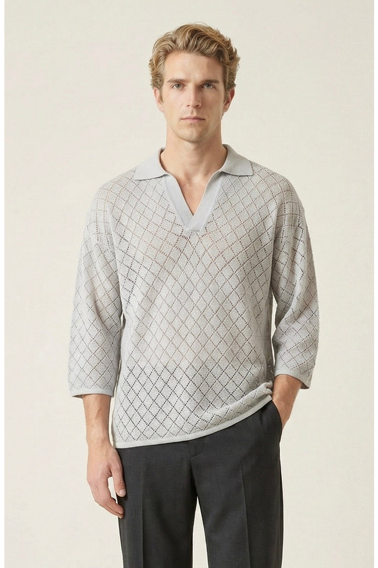 Textured Open Collar Knit Polo Top, Main, color, Light Grey