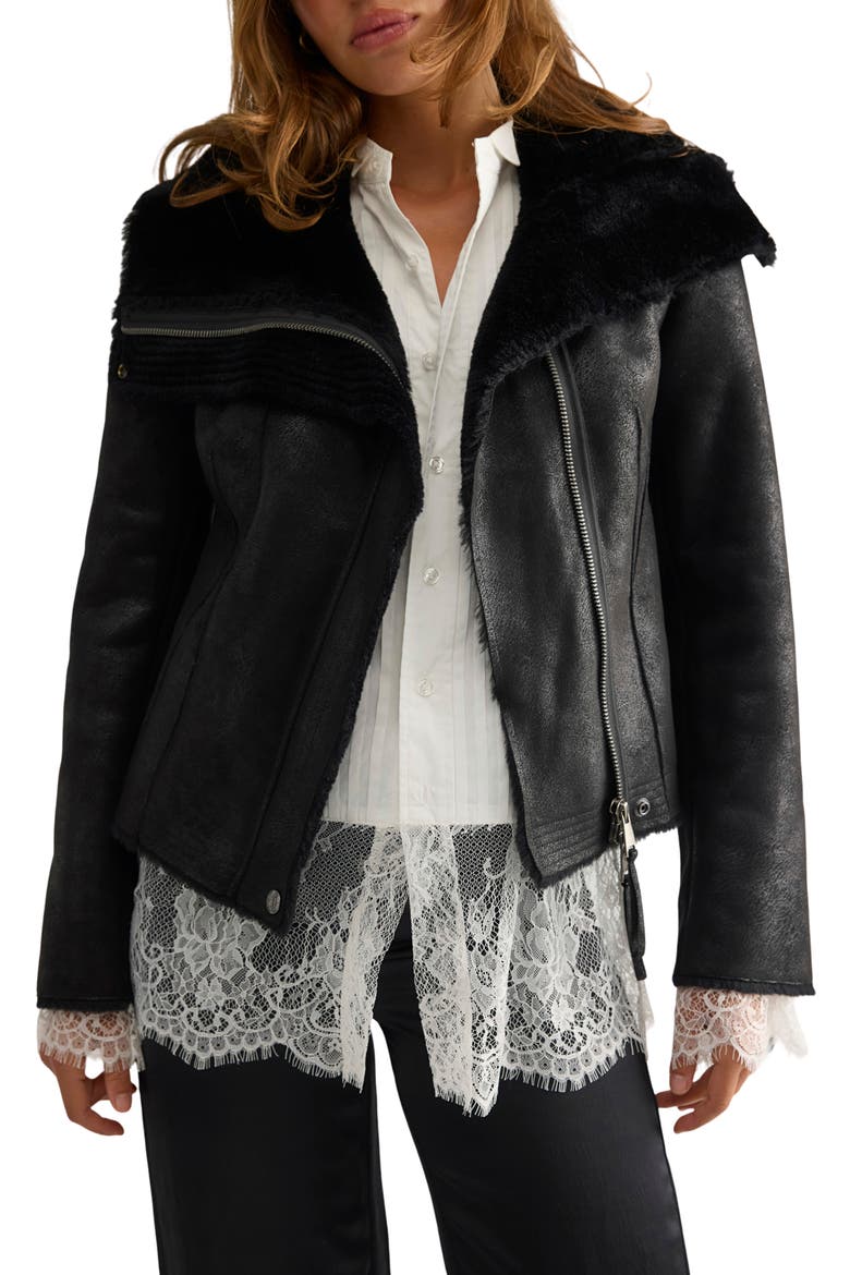 Fourline Faux Leather Jacket with Faux Shearling Lining, Main, color, BLACK