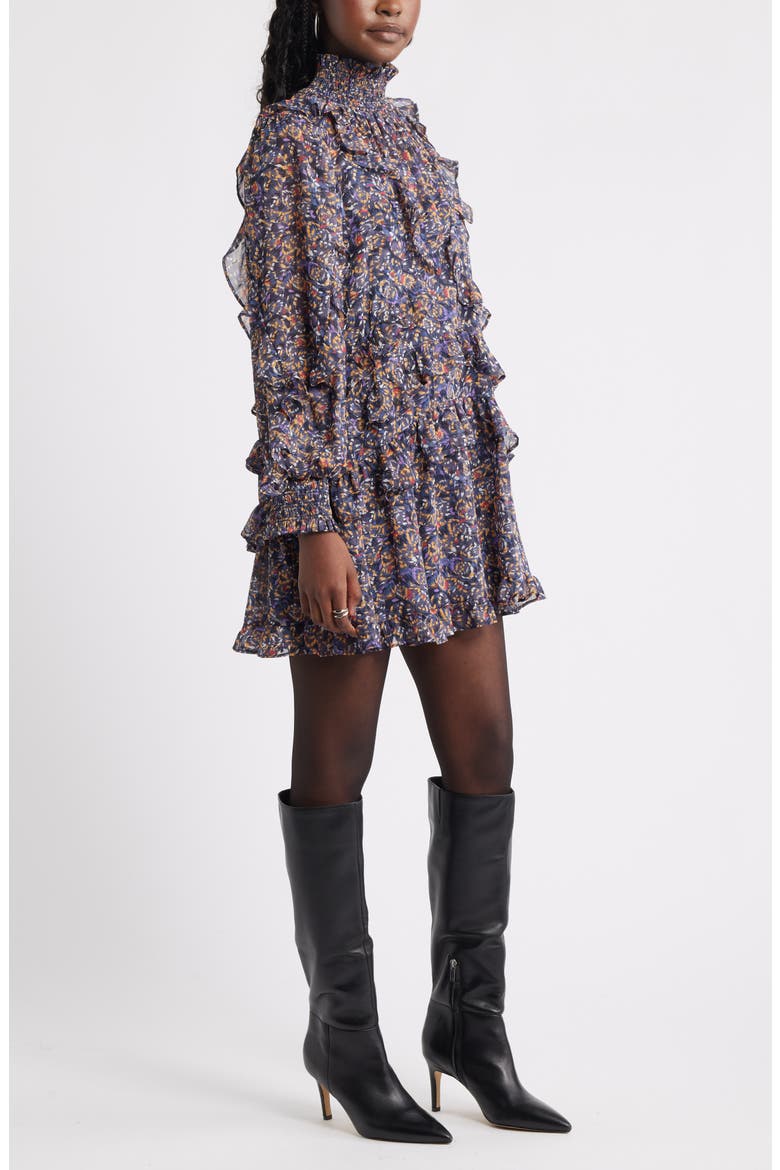 Metallic Mock Neck Long Sleeve Chiffon Minidress, Alternate, color, NAVY BUTTERFLY ABSTRACT
