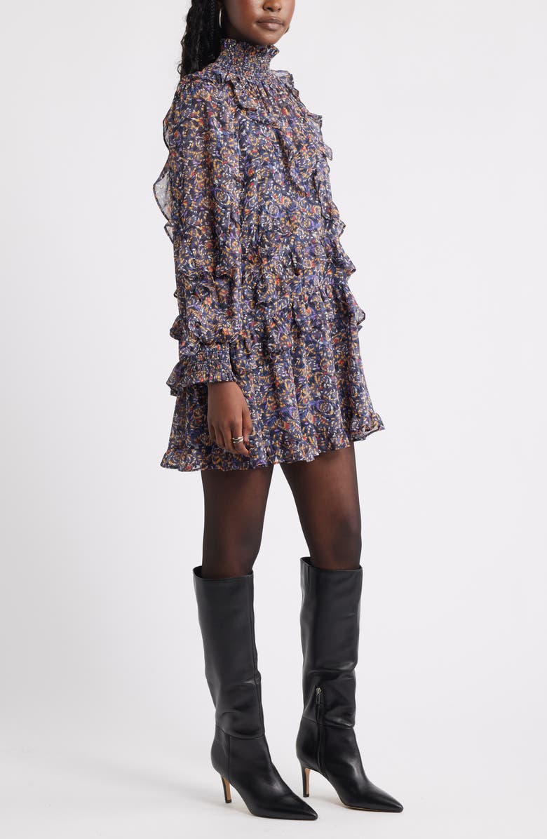 Treasure & Bond Metallic Mock Neck Long Sleeve Chiffon Minidress, Alternate, color, Navy Butterfly Abstract